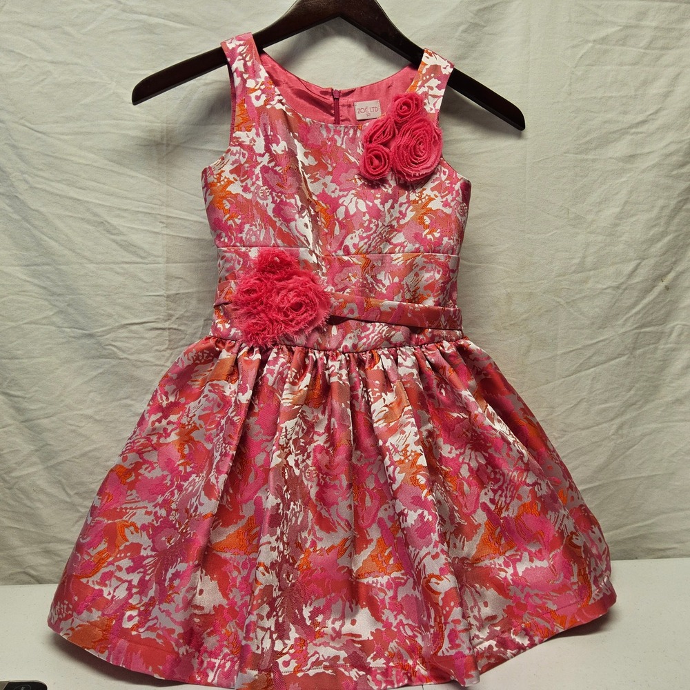 Zoe Ltd Dress Kids Size 12 Pink Abstract Floral Rosette Sleeveless Party Formal - Picture 2 of 9
